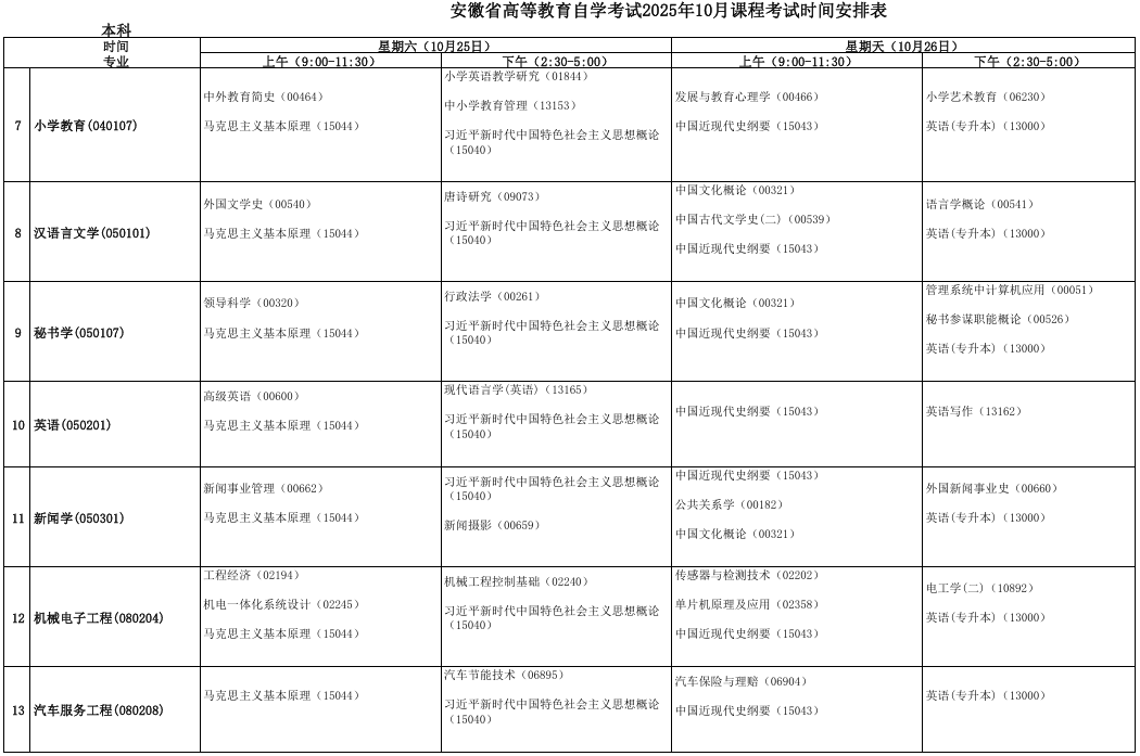 2025年10月安徽省自考考試安排 2025年10月安徽省自考考試安排