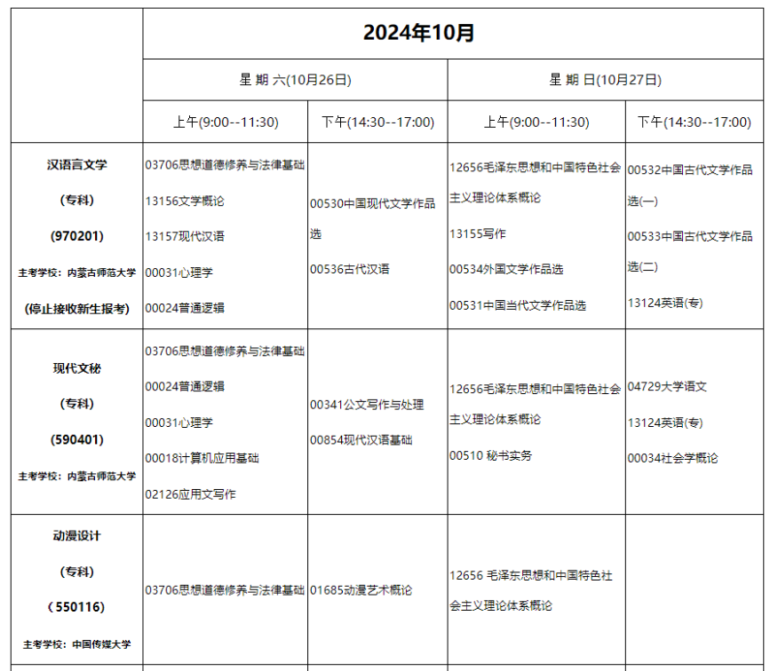 2024年10月內(nèi)蒙古自學(xué)考試考試安排