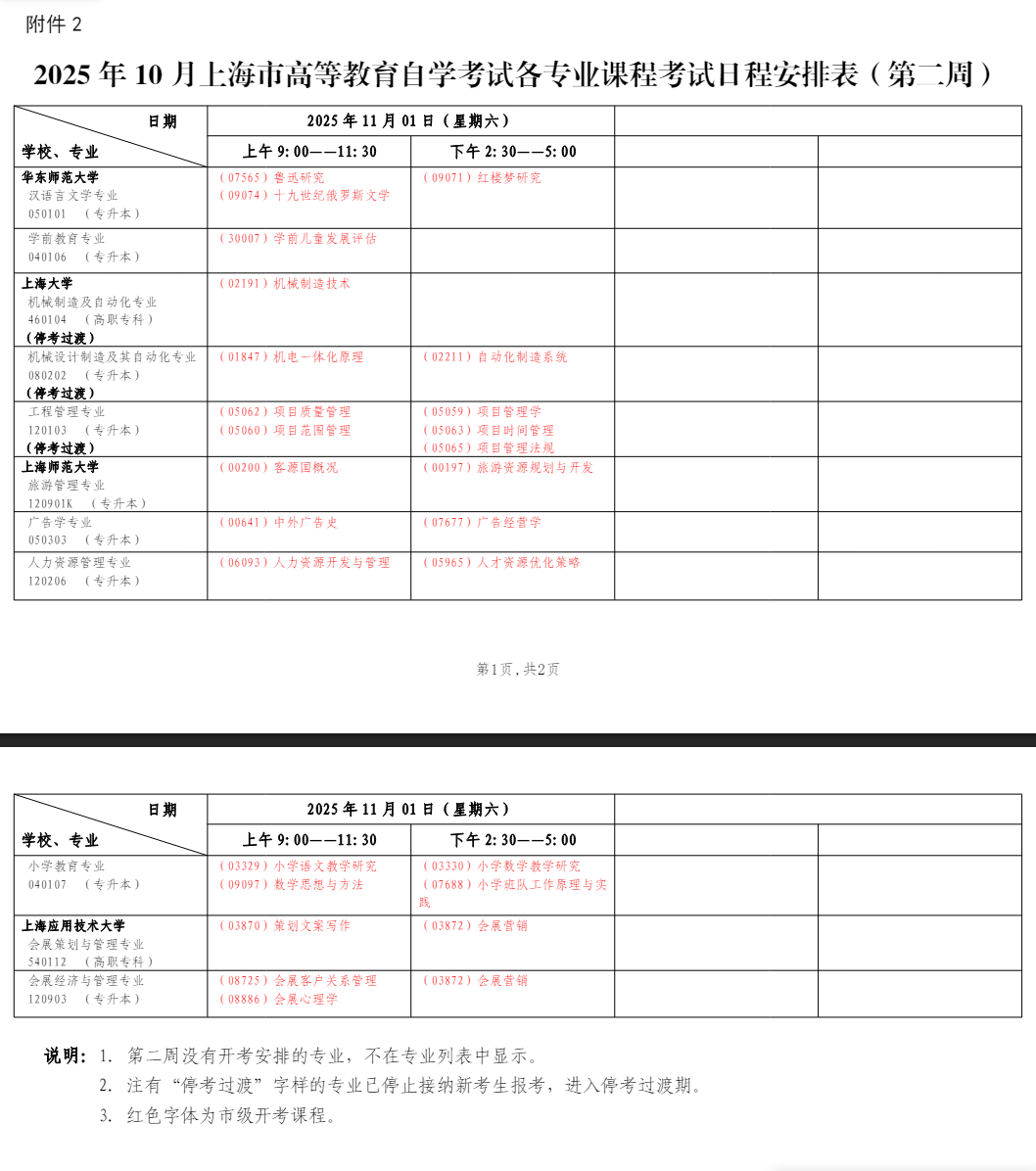 2025年10月上海市自學(xué)考試考試安排
