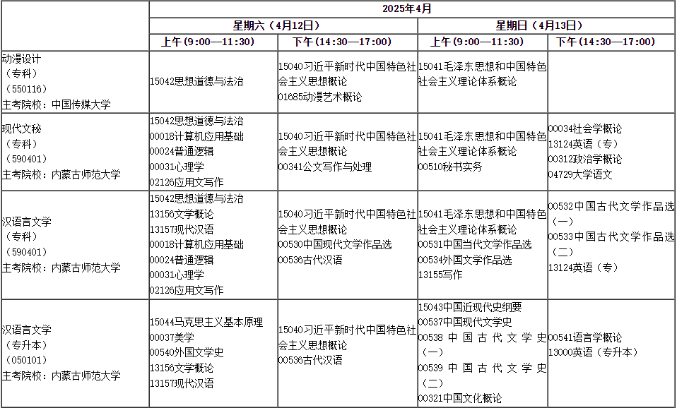 2025年4月內(nèi)蒙古自學(xué)考試考試安排