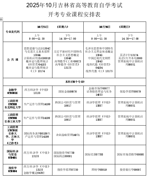 2025年10月吉林省自考考試安排
